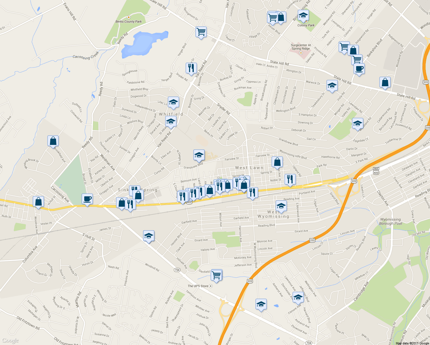 map of restaurants, bars, coffee shops, grocery stores, and more near 210 Cecil Ave in West Lawn