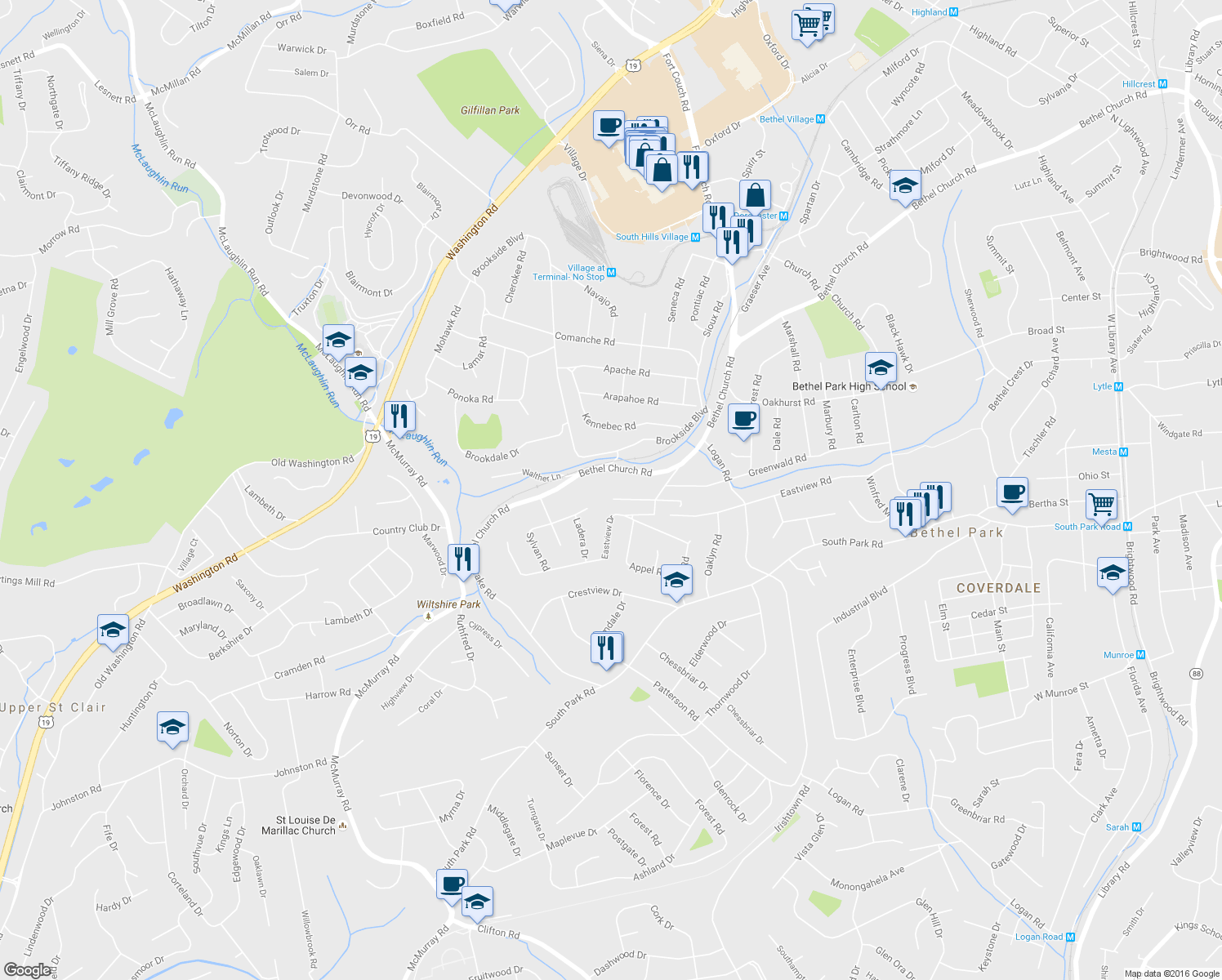 map of restaurants, bars, coffee shops, grocery stores, and more near 3274 Sylvan Road in Bethel Park