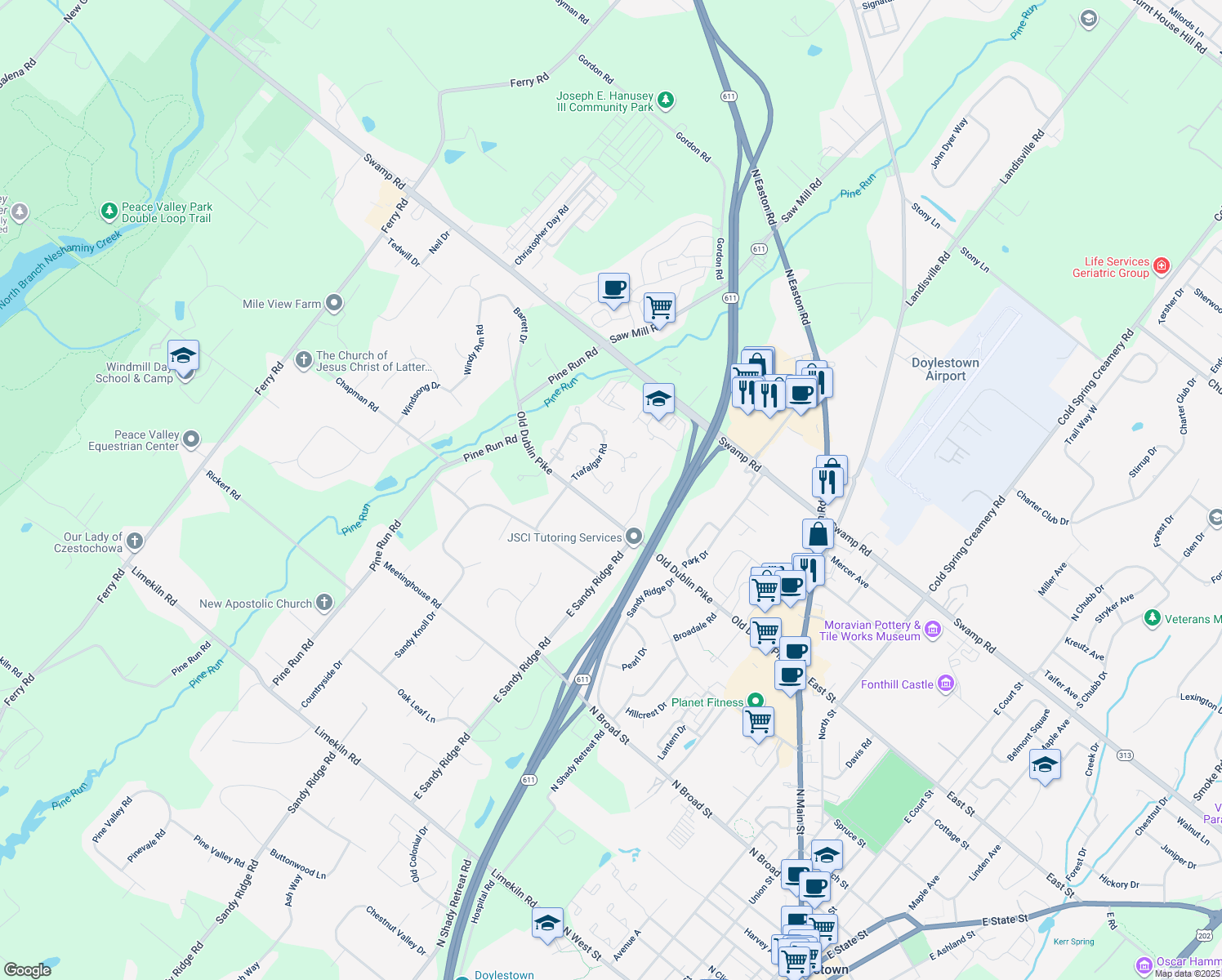map of restaurants, bars, coffee shops, grocery stores, and more near 203 Victoria Court in Doylestown