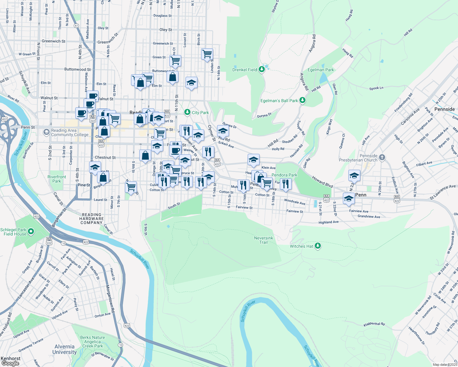 map of restaurants, bars, coffee shops, grocery stores, and more near 418 South 15th Street in Reading