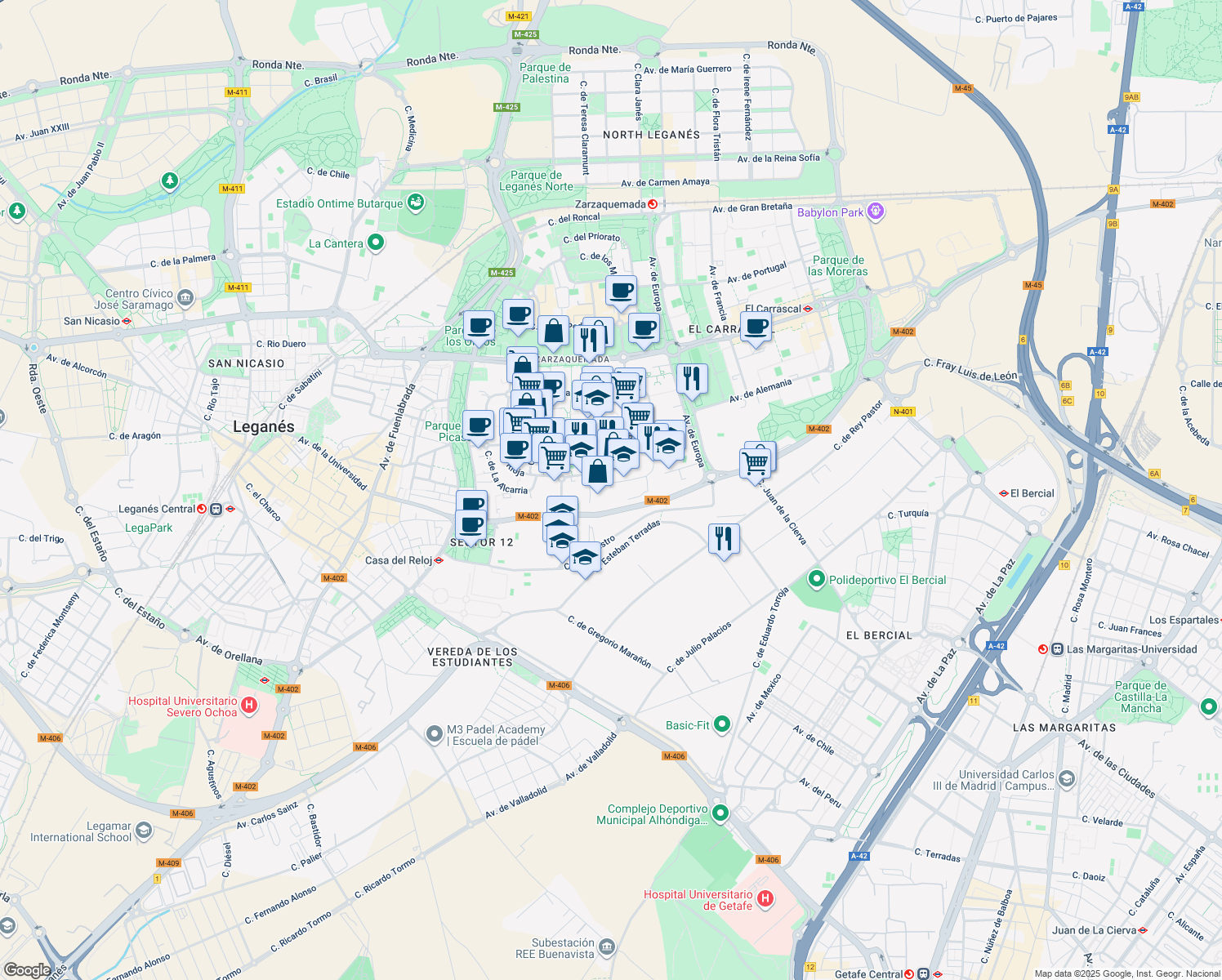 map of restaurants, bars, coffee shops, grocery stores, and more near 26 Calle de Cuenca in Alcalá de Henares