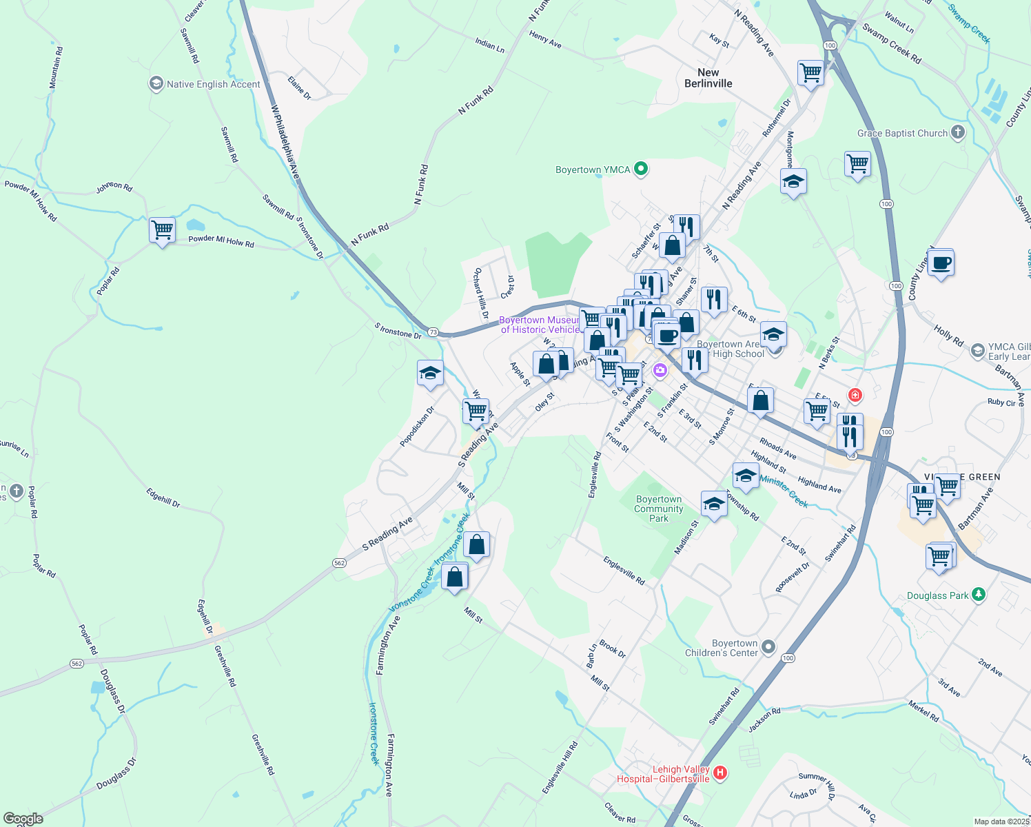 map of restaurants, bars, coffee shops, grocery stores, and more near 378 South Reading Avenue in Boyertown