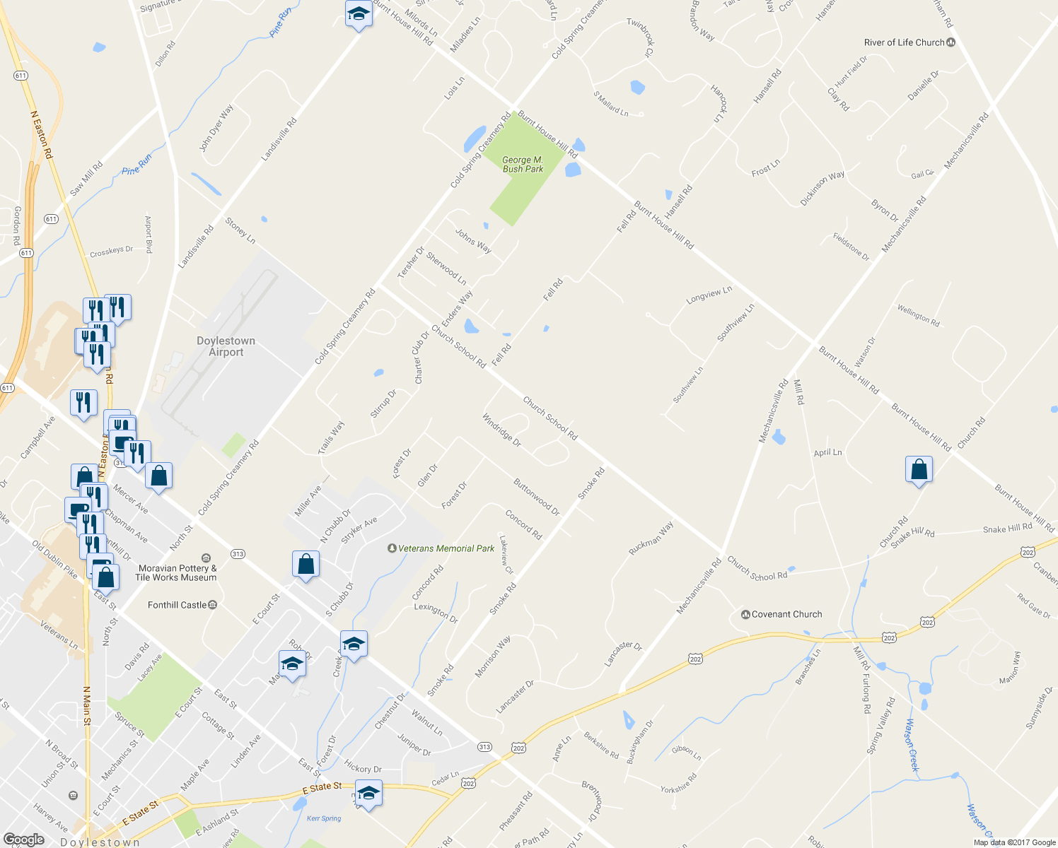 map of restaurants, bars, coffee shops, grocery stores, and more near 4035 Holly Way in Doylestown