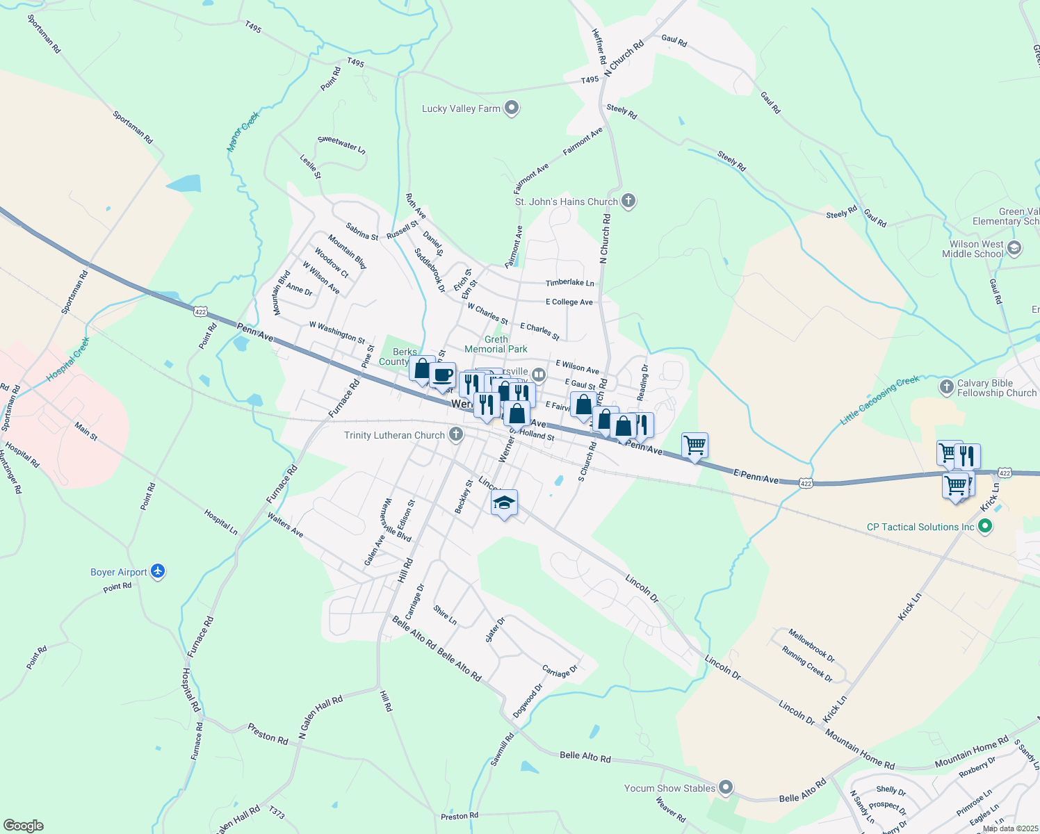 map of restaurants, bars, coffee shops, grocery stores, and more near 59 East Penn Avenue in Wernersville