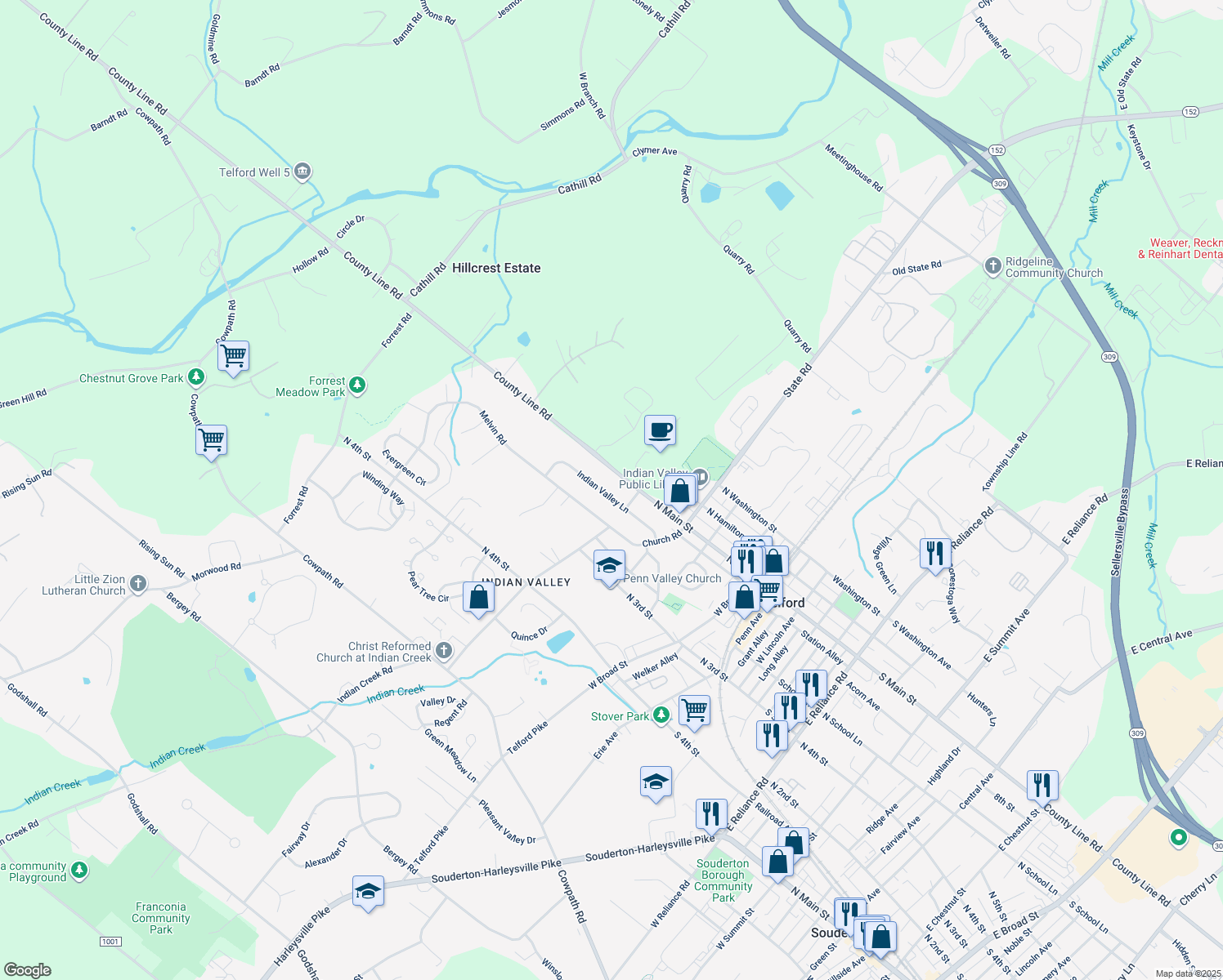map of restaurants, bars, coffee shops, grocery stores, and more near 25 Indian Valley Lane in Telford
