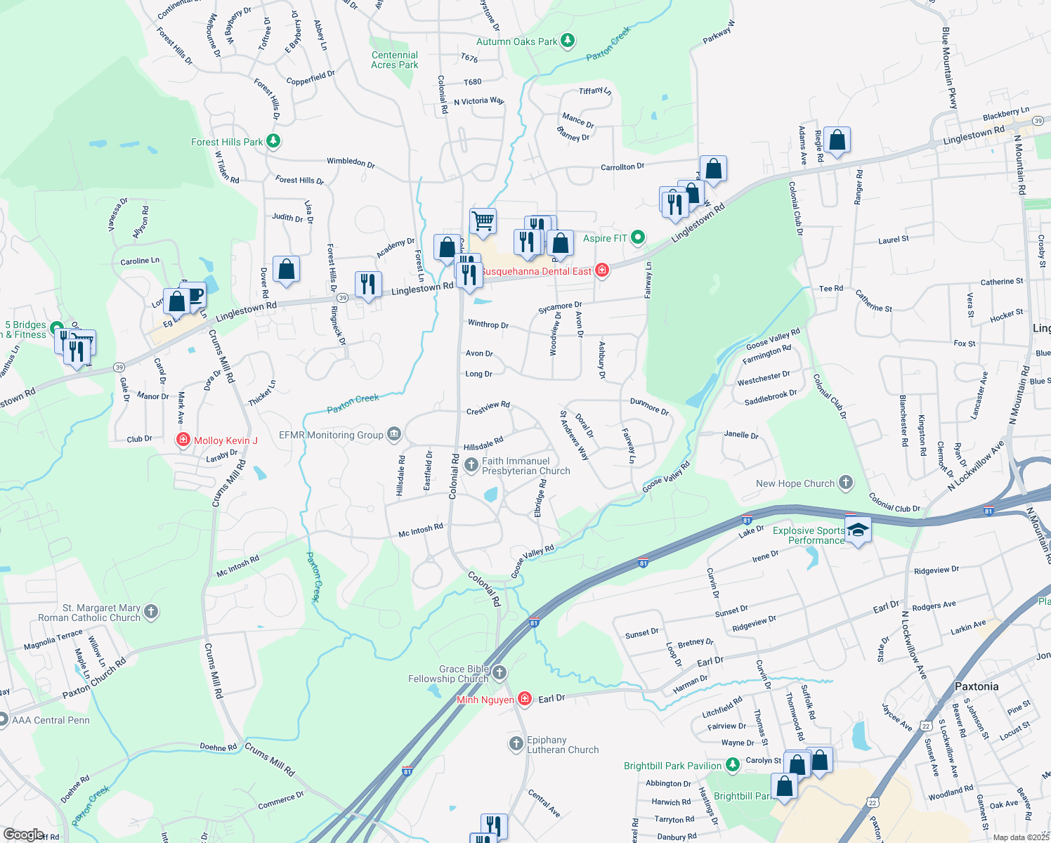 map of restaurants, bars, coffee shops, grocery stores, and more near 4319 Crestview Road in Harrisburg