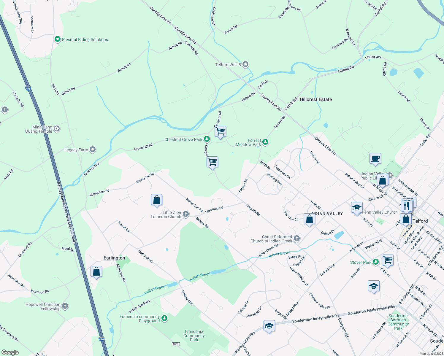 map of restaurants, bars, coffee shops, grocery stores, and more near 741 Cowpath Rd in Telford