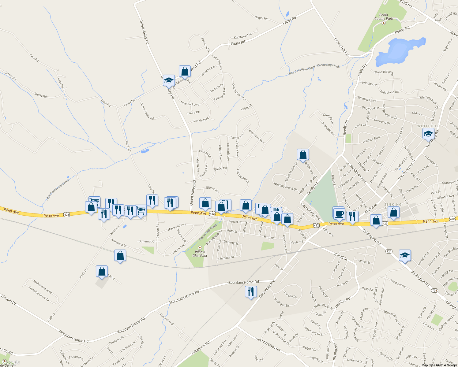 map of restaurants, bars, coffee shops, grocery stores, and more near 4227 Hill Terrace Drive in Sinking Spring