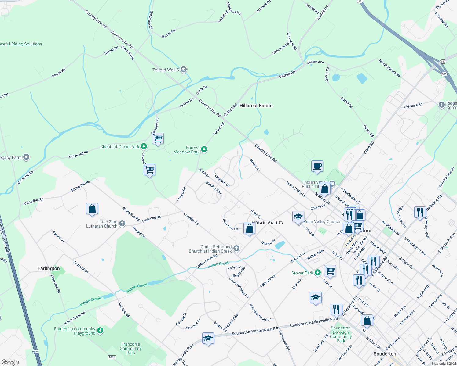 map of restaurants, bars, coffee shops, grocery stores, and more near 820 Evergreen Circle in Telford