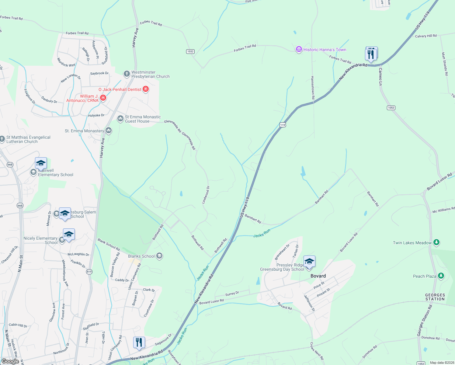 map of restaurants, bars, coffee shops, grocery stores, and more near 606 Fairwinds Circle in Greensburg