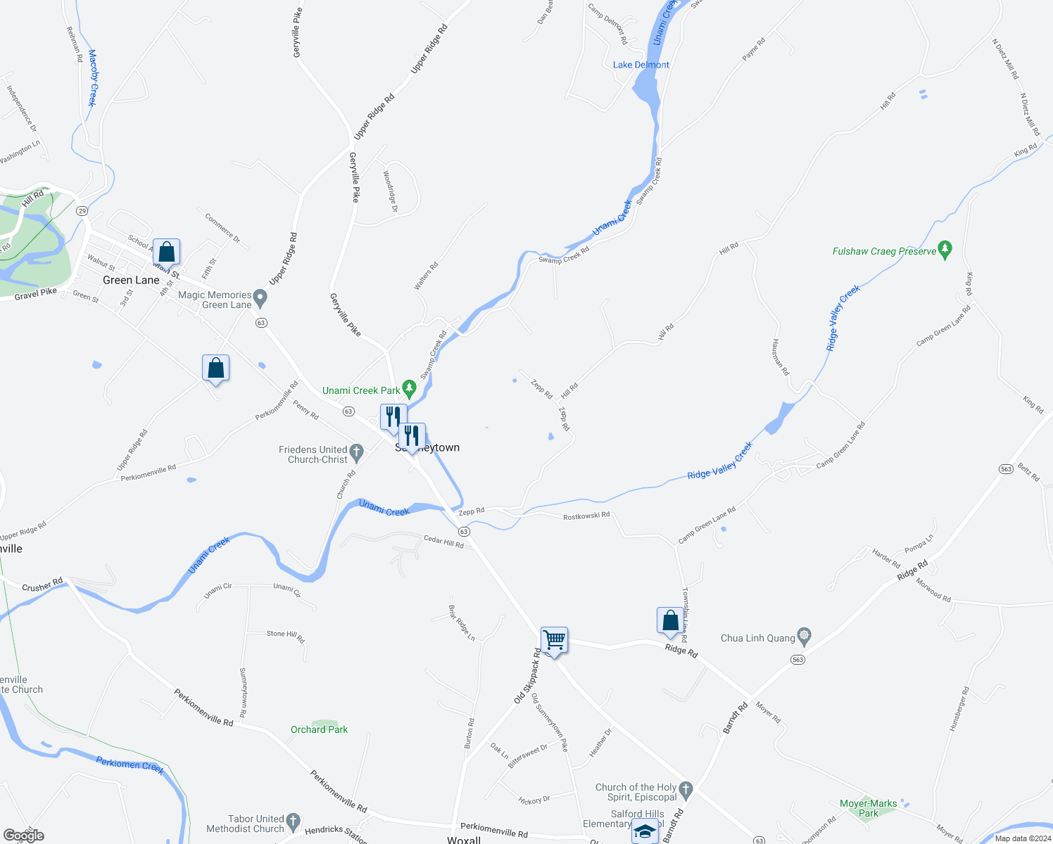 map of restaurants, bars, coffee shops, grocery stores, and more near 1098 Zepp Road in Green Lane