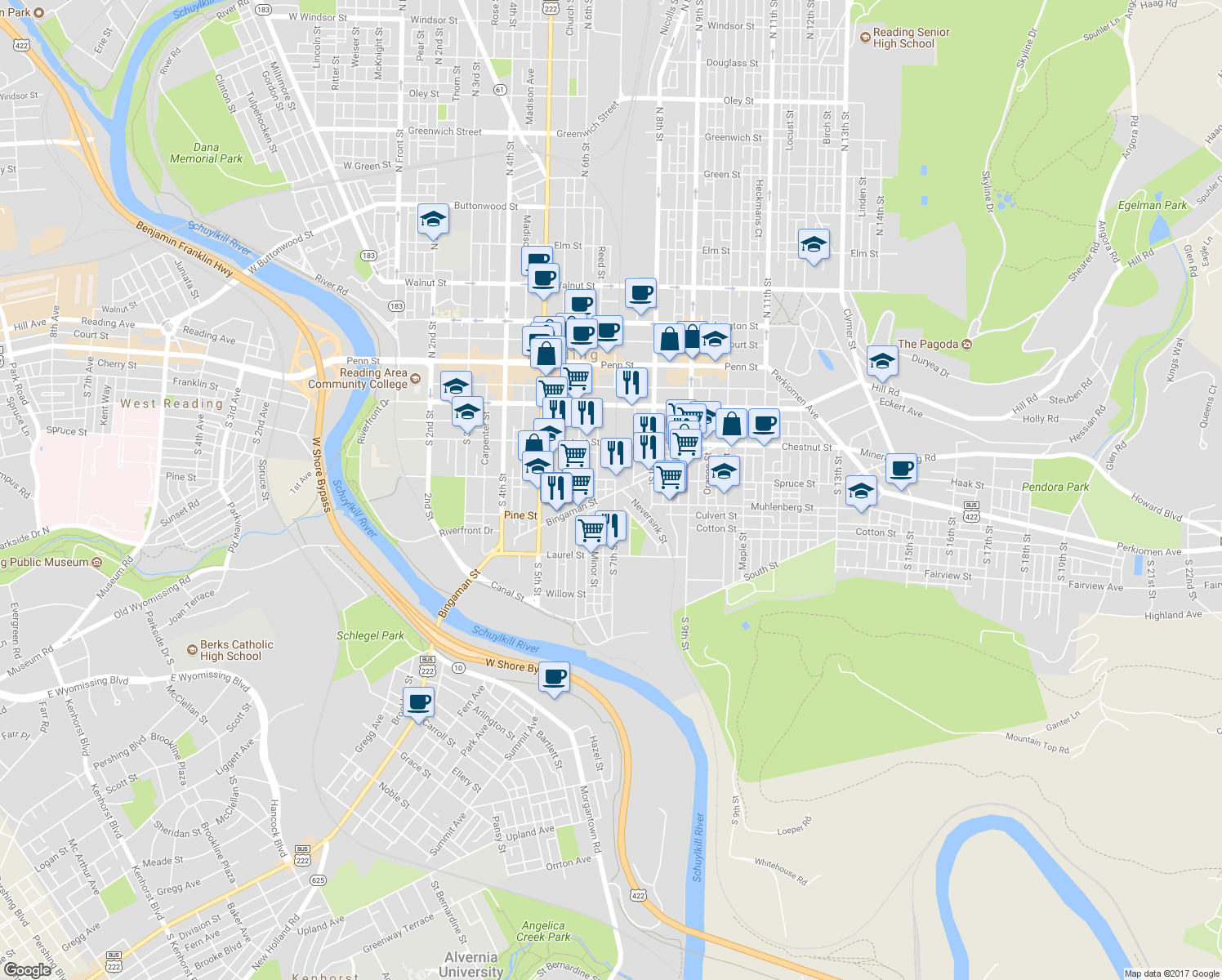 map of restaurants, bars, coffee shops, grocery stores, and more near 312 South 7th Street in Reading