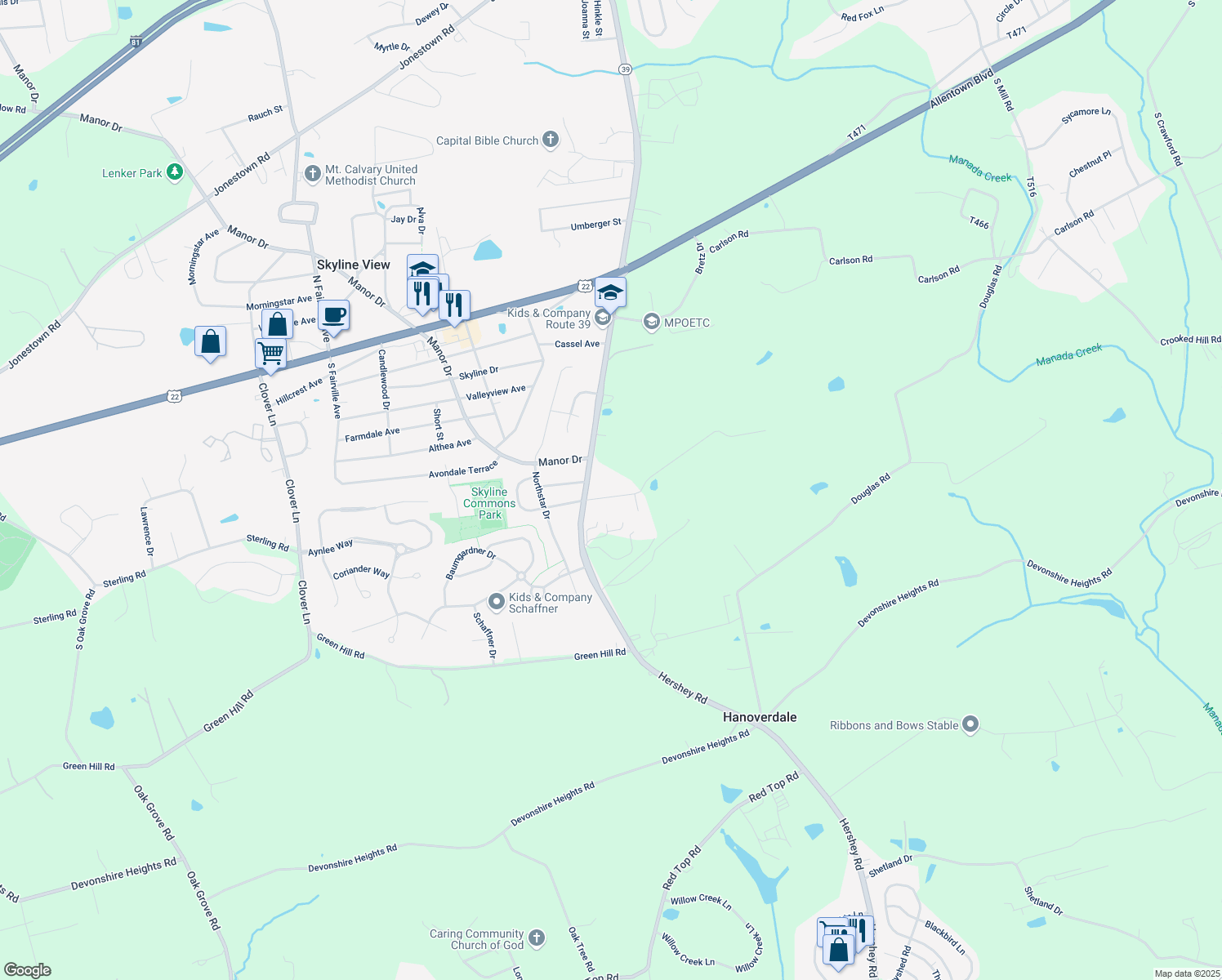 map of restaurants, bars, coffee shops, grocery stores, and more near 7940 Rider Lane in Hummelstown