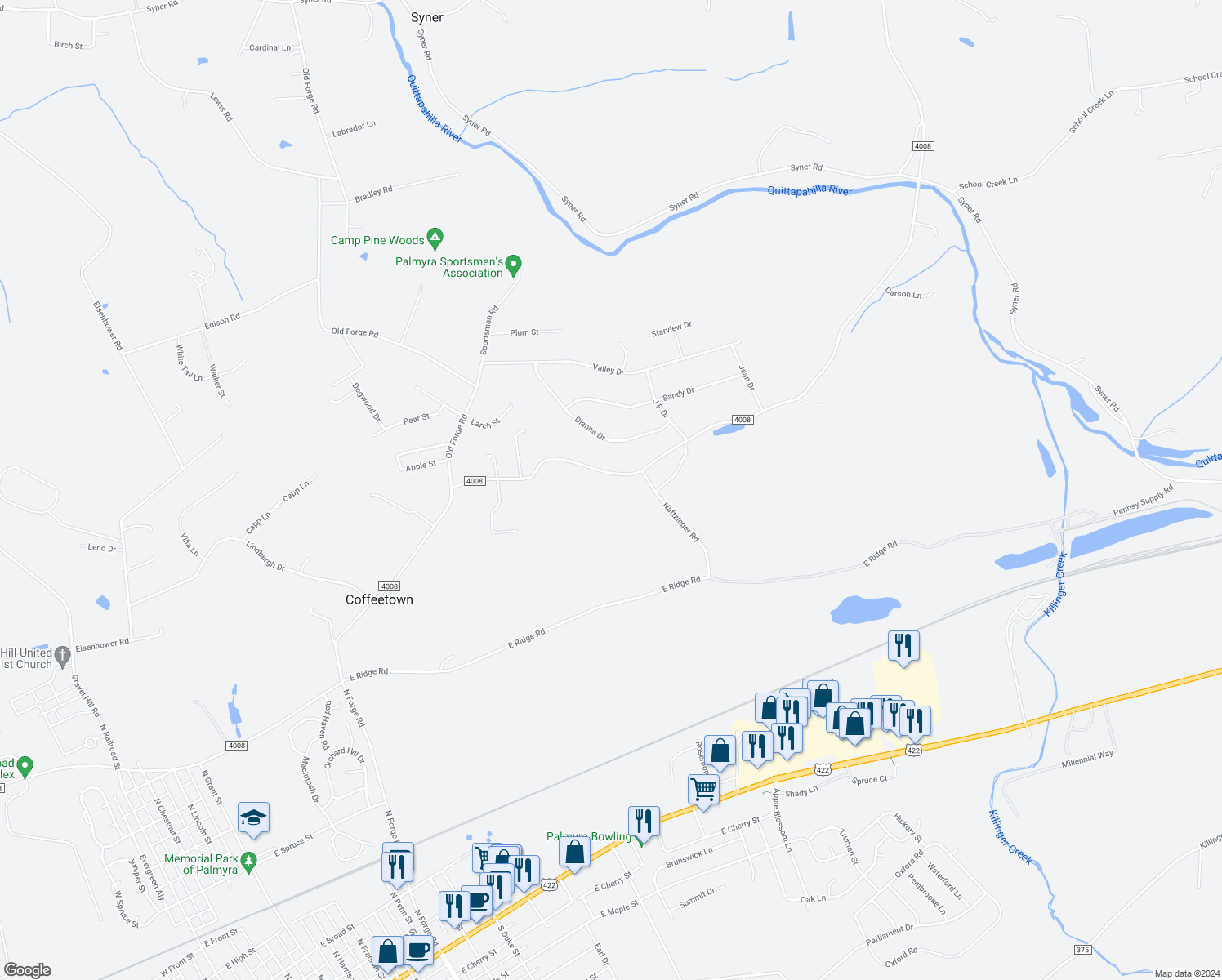 map of restaurants, bars, coffee shops, grocery stores, and more near 126 Palmyra Bellegrove Road in Annville