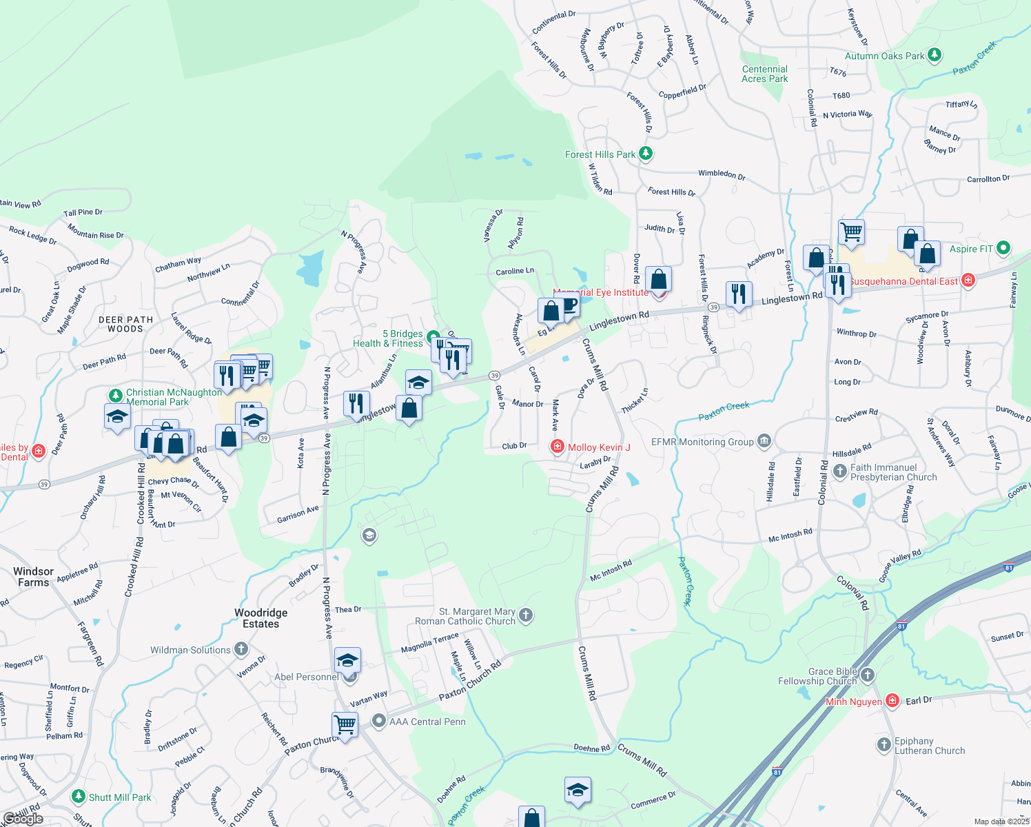 map of restaurants, bars, coffee shops, grocery stores, and more near 2184 Paxton Drive in Harrisburg