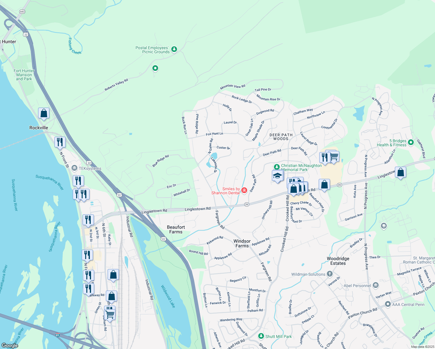map of restaurants, bars, coffee shops, grocery stores, and more near 4501 Lakeside Dr in Harrisburg