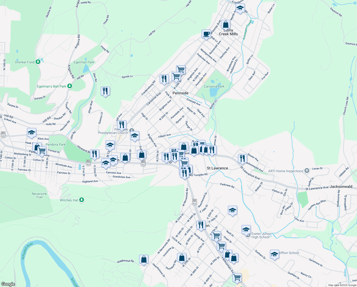 map of restaurants, bars, coffee shops, grocery stores, and more near 308 Butter Lane in Reading