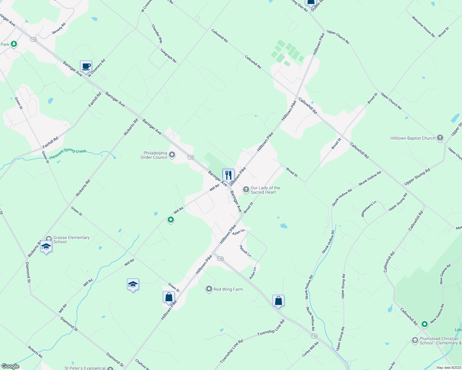 map of restaurants, bars, coffee shops, grocery stores, and more near 2034 Hilltown Pike in Perkasie