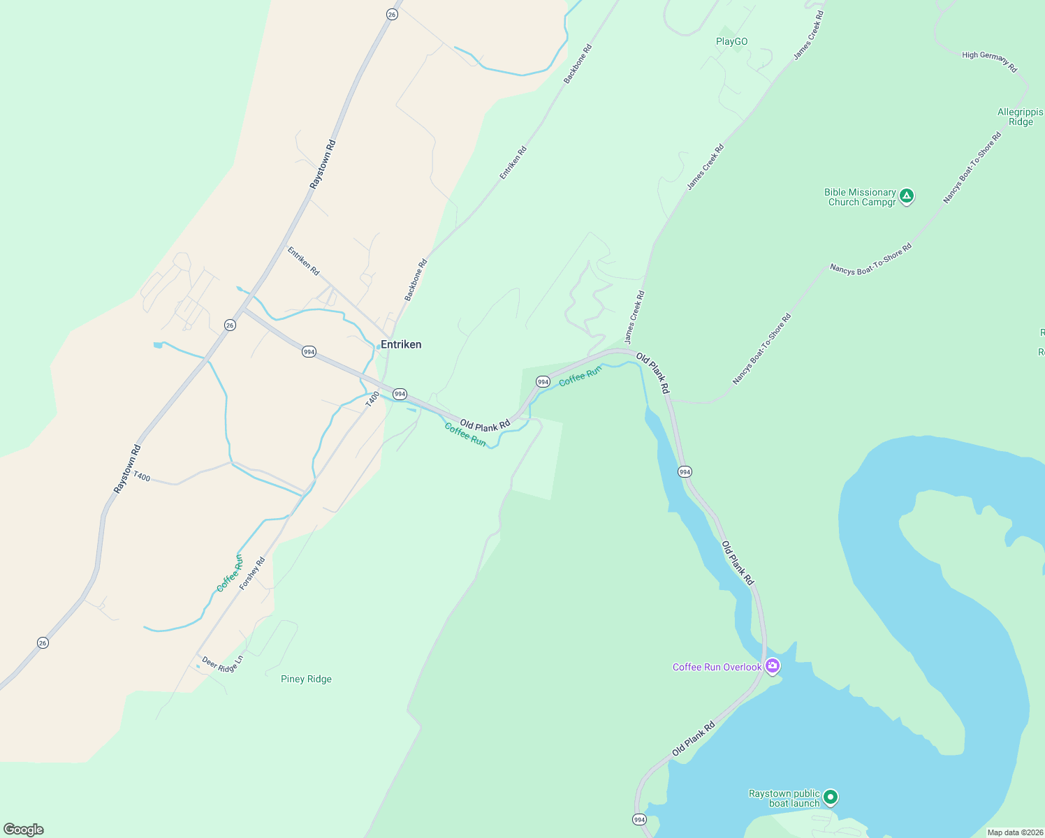 map of restaurants, bars, coffee shops, grocery stores, and more near Old Plank Road in James Creek