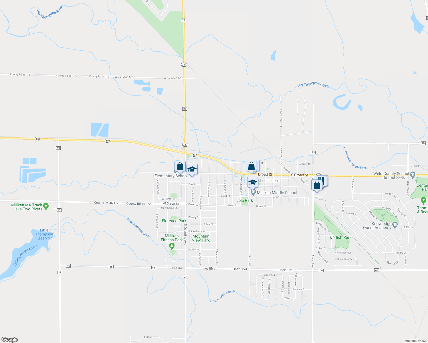 map of restaurants, bars, coffee shops, grocery stores, and more near 415 Broad Street in Milliken