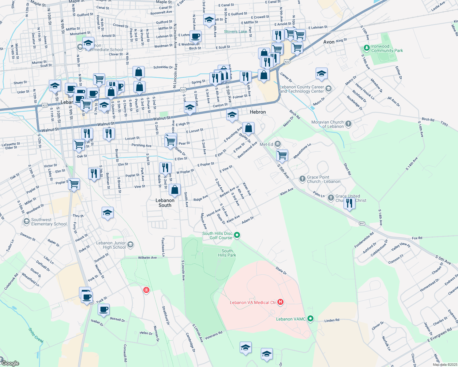 map of restaurants, bars, coffee shops, grocery stores, and more near 744 S 3rd Ave in Lebanon