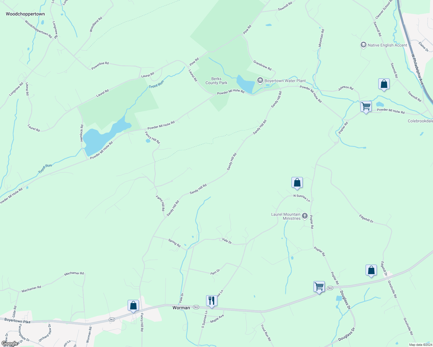 map of restaurants, bars, coffee shops, grocery stores, and more near 112 Sandy Hill Rd in Boyertown