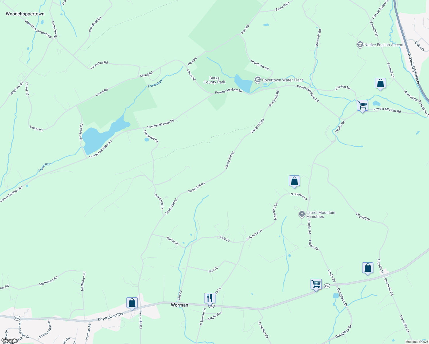 map of restaurants, bars, coffee shops, grocery stores, and more near 112 Sandy Hill Road in Boyertown