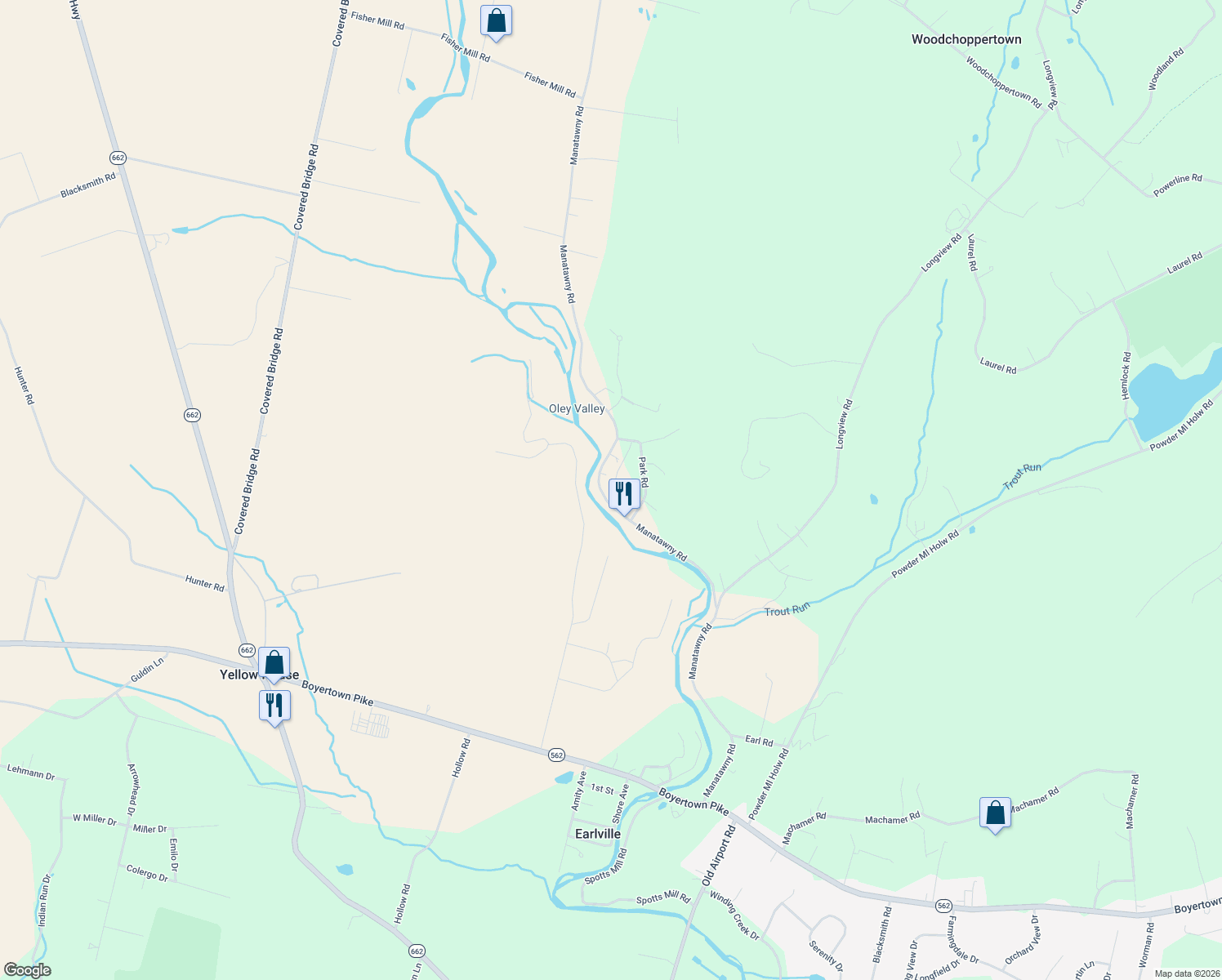 map of restaurants, bars, coffee shops, grocery stores, and more near 1129 Manatawny Road in Boyertown