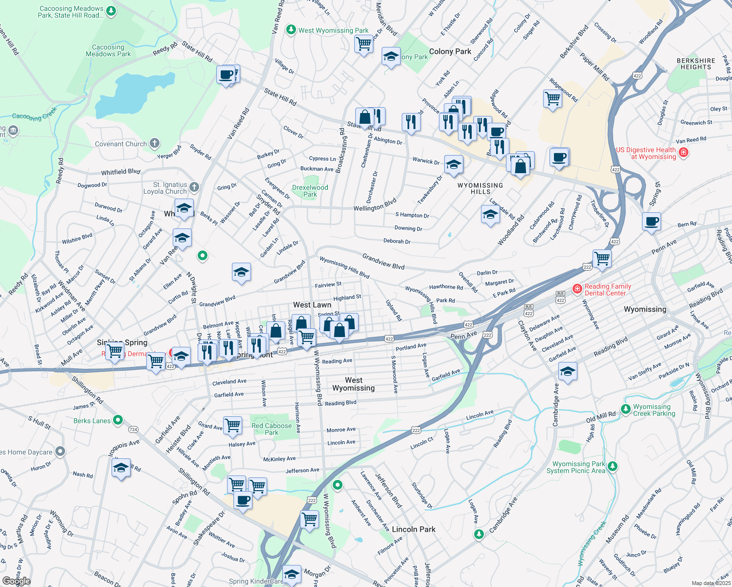 map of restaurants, bars, coffee shops, grocery stores, and more near 301 Perkasie Avenue in West Lawn