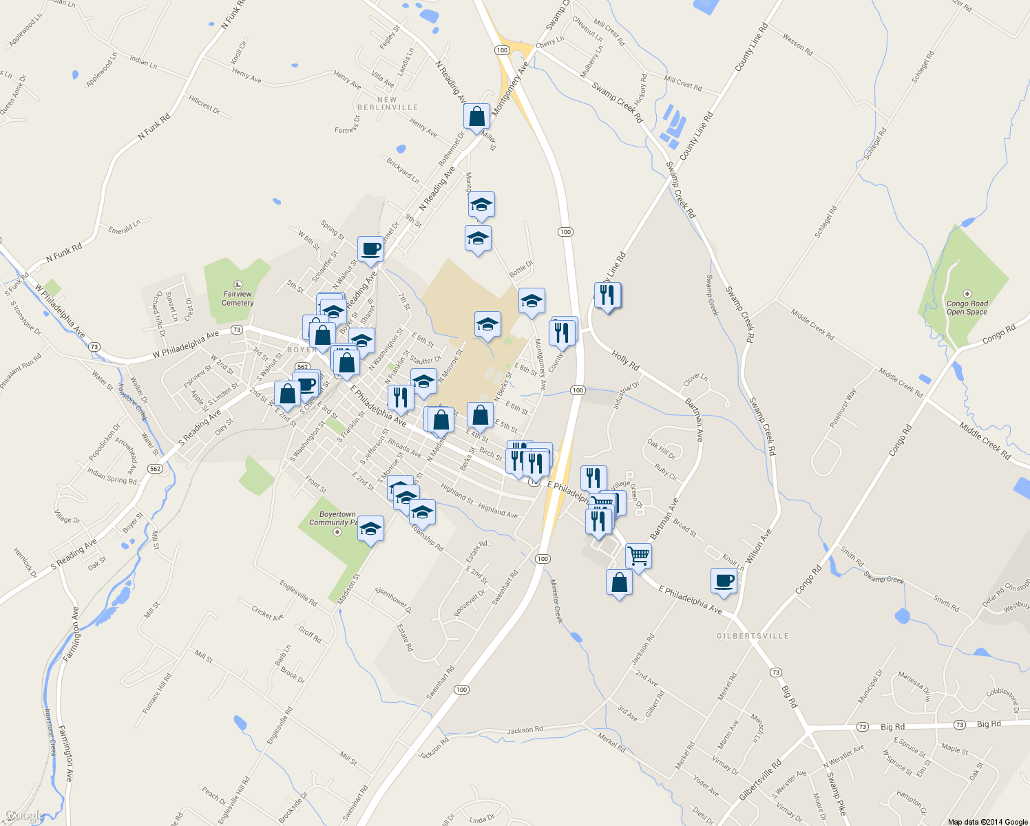 map of restaurants, bars, coffee shops, grocery stores, and more near 732 East 6th Street in Boyertown