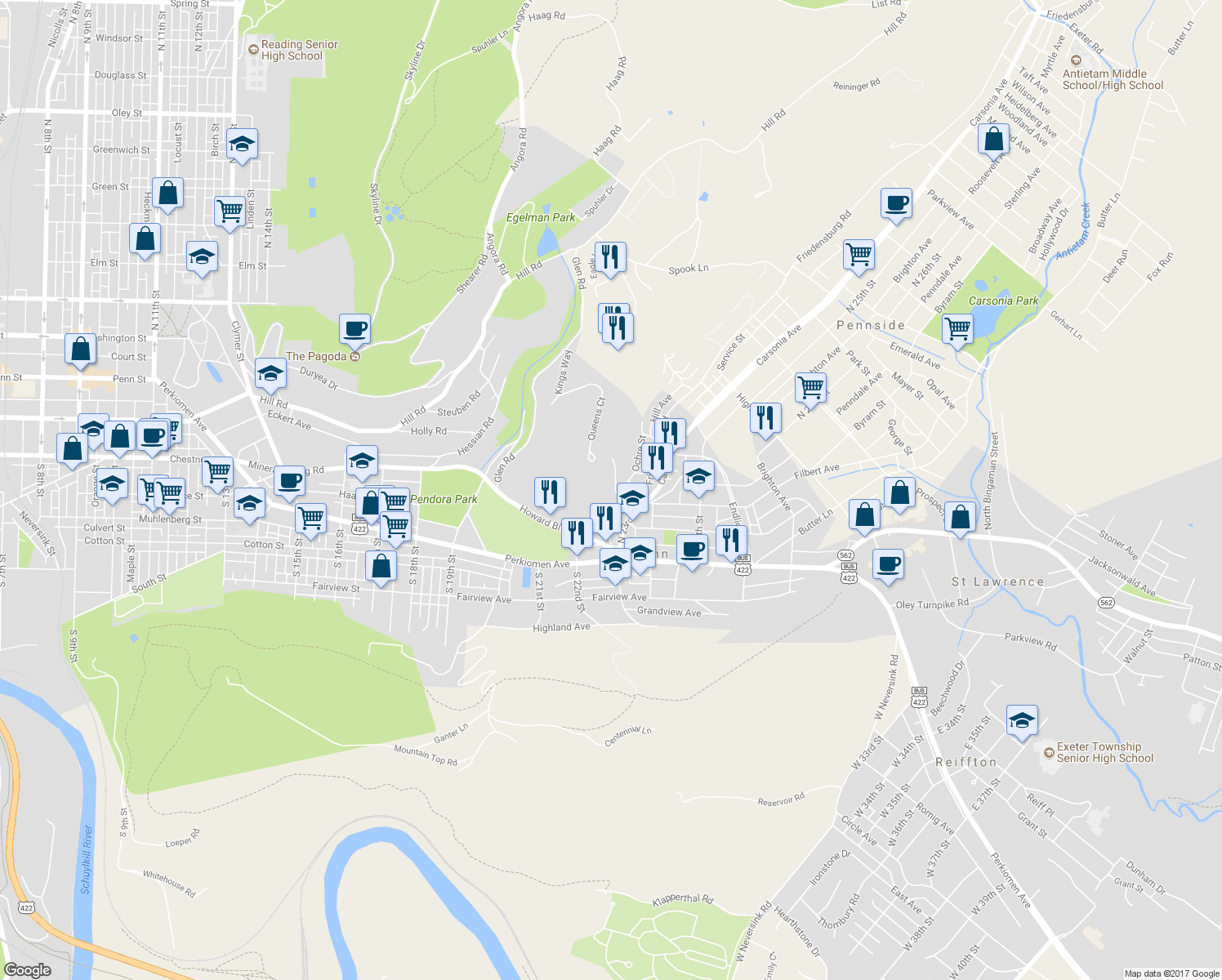 map of restaurants, bars, coffee shops, grocery stores, and more near 212 Summit Avenue in Reading