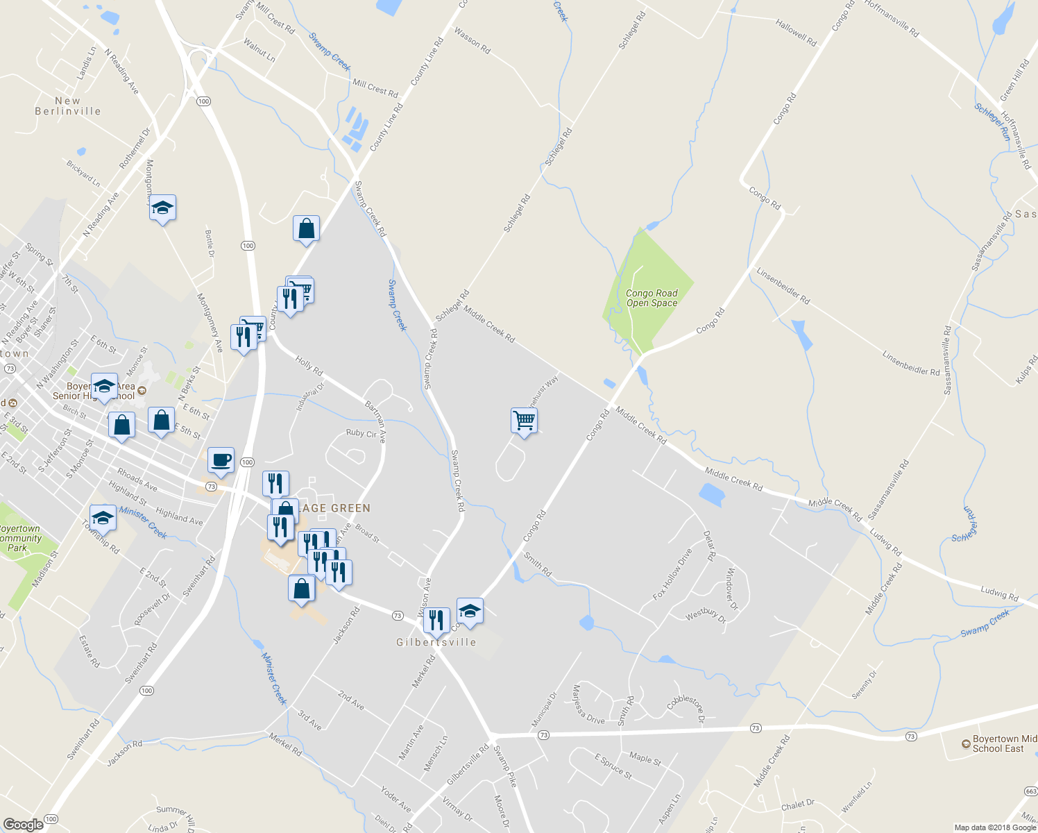 map of restaurants, bars, coffee shops, grocery stores, and more near 116 Pinehurst Way in Gilbertsville
