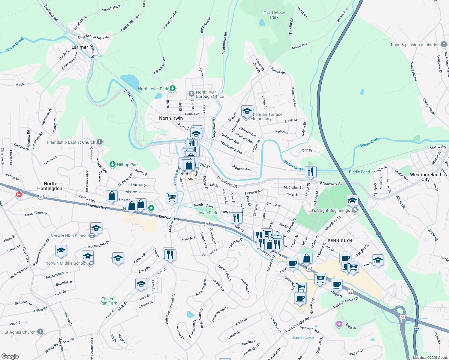 map of restaurants, bars, coffee shops, grocery stores, and more near 10409 Broadway Street in Irwin