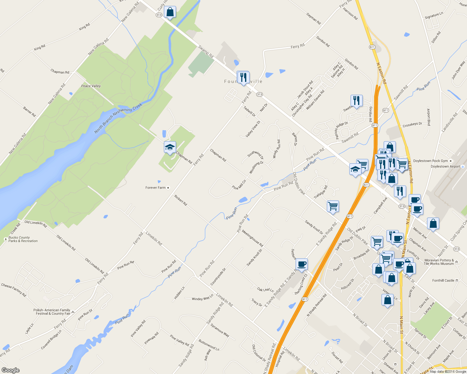 map of restaurants, bars, coffee shops, grocery stores, and more near 35 Pine Mill Circle in Doylestown
