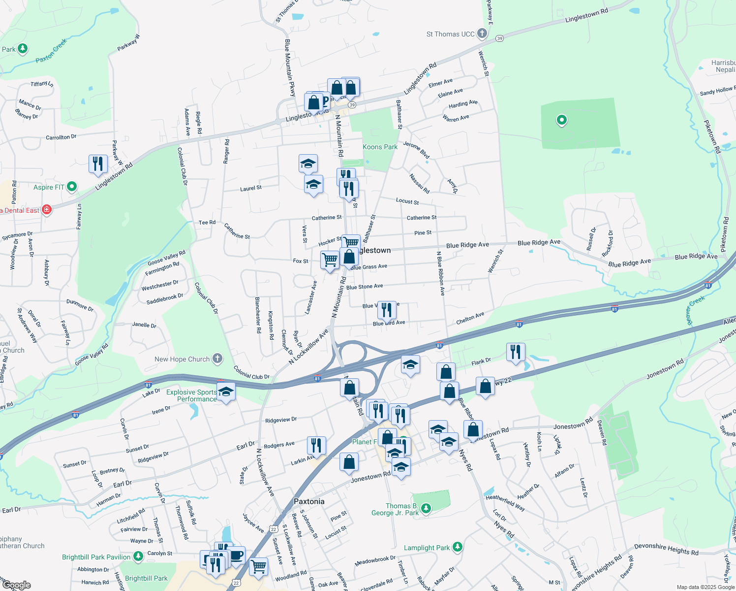 map of restaurants, bars, coffee shops, grocery stores, and more near 515 Blue Eagle Avenue in Harrisburg