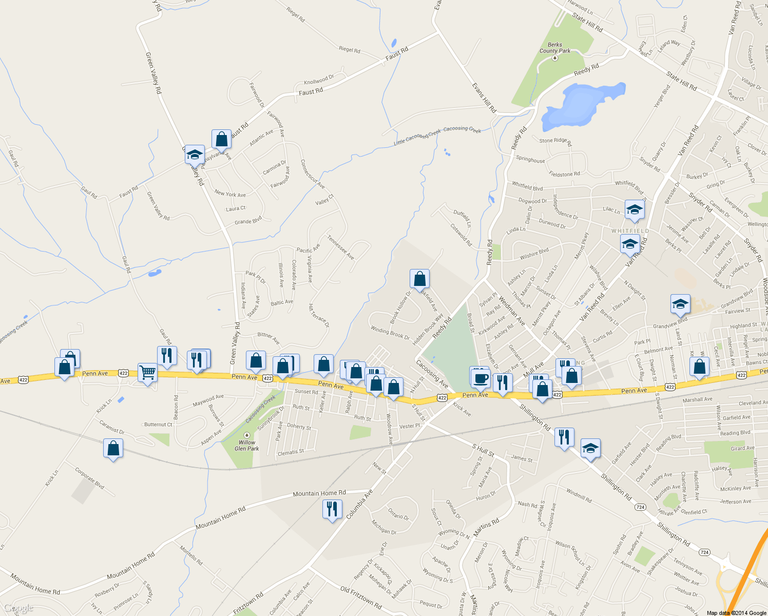 map of restaurants, bars, coffee shops, grocery stores, and more near 40 Winding Brook Drive in Sinking Spring