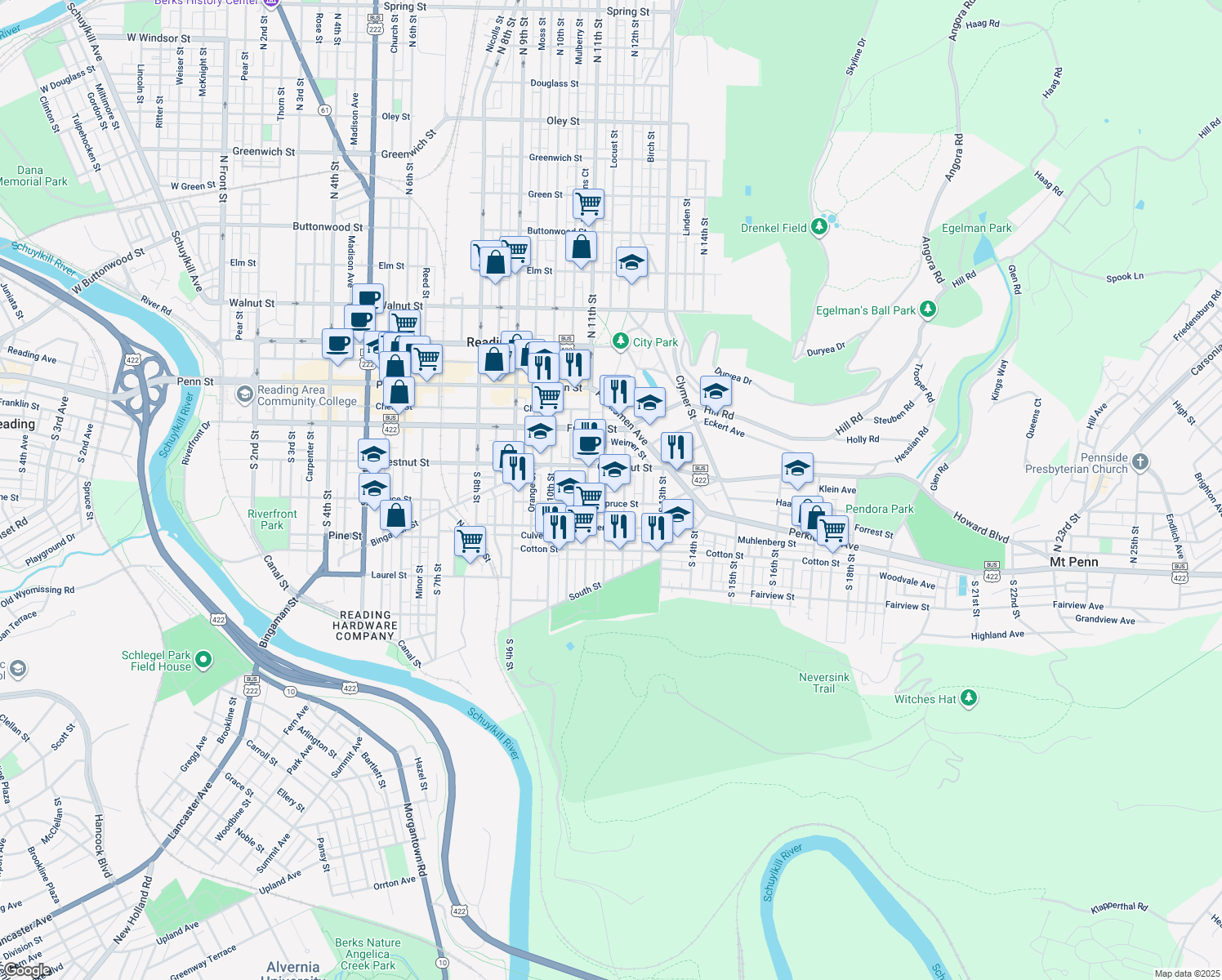 map of restaurants, bars, coffee shops, grocery stores, and more near 235 Wunder Street in Reading