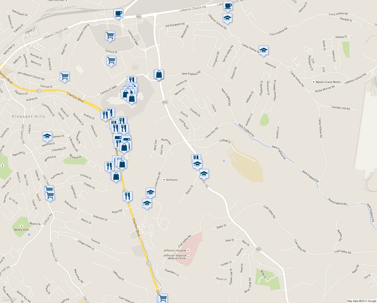 map of restaurants, bars, coffee shops, grocery stores, and more near 1743 Clairton Rd in West Mifflin