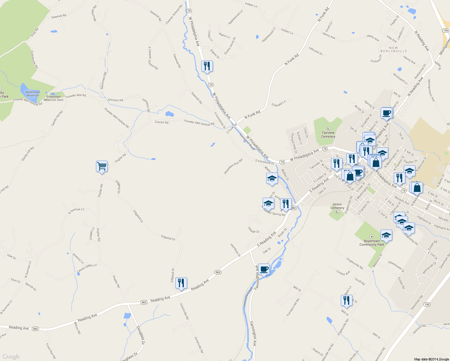 map of restaurants, bars, coffee shops, grocery stores, and more near 133 Pheasant Run Road in Boyertown