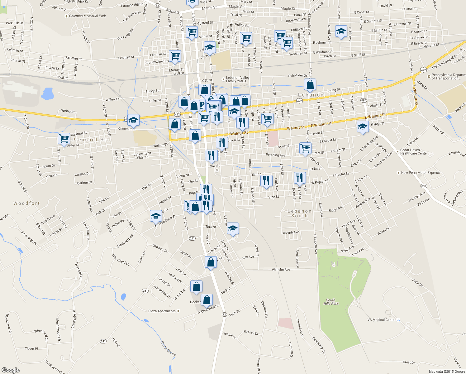 map of restaurants, bars, coffee shops, grocery stores, and more near 533 South 7th Street in Lebanon