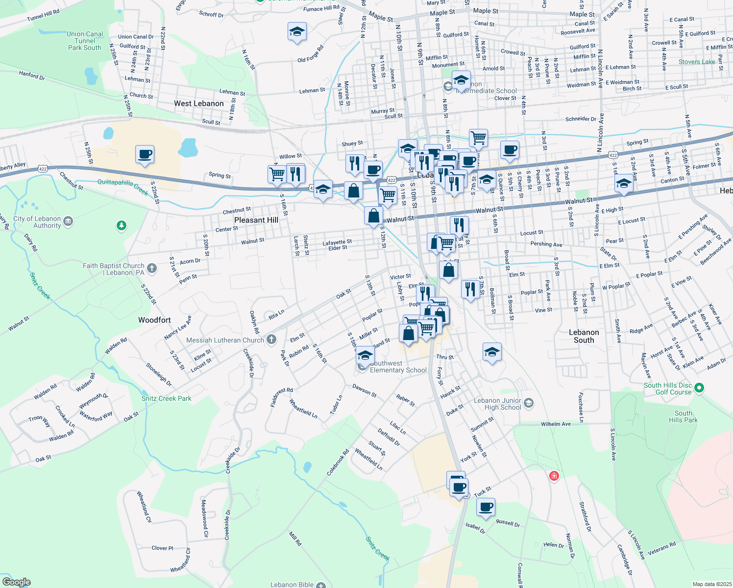 map of restaurants, bars, coffee shops, grocery stores, and more near 1309 Elm Street in Lebanon