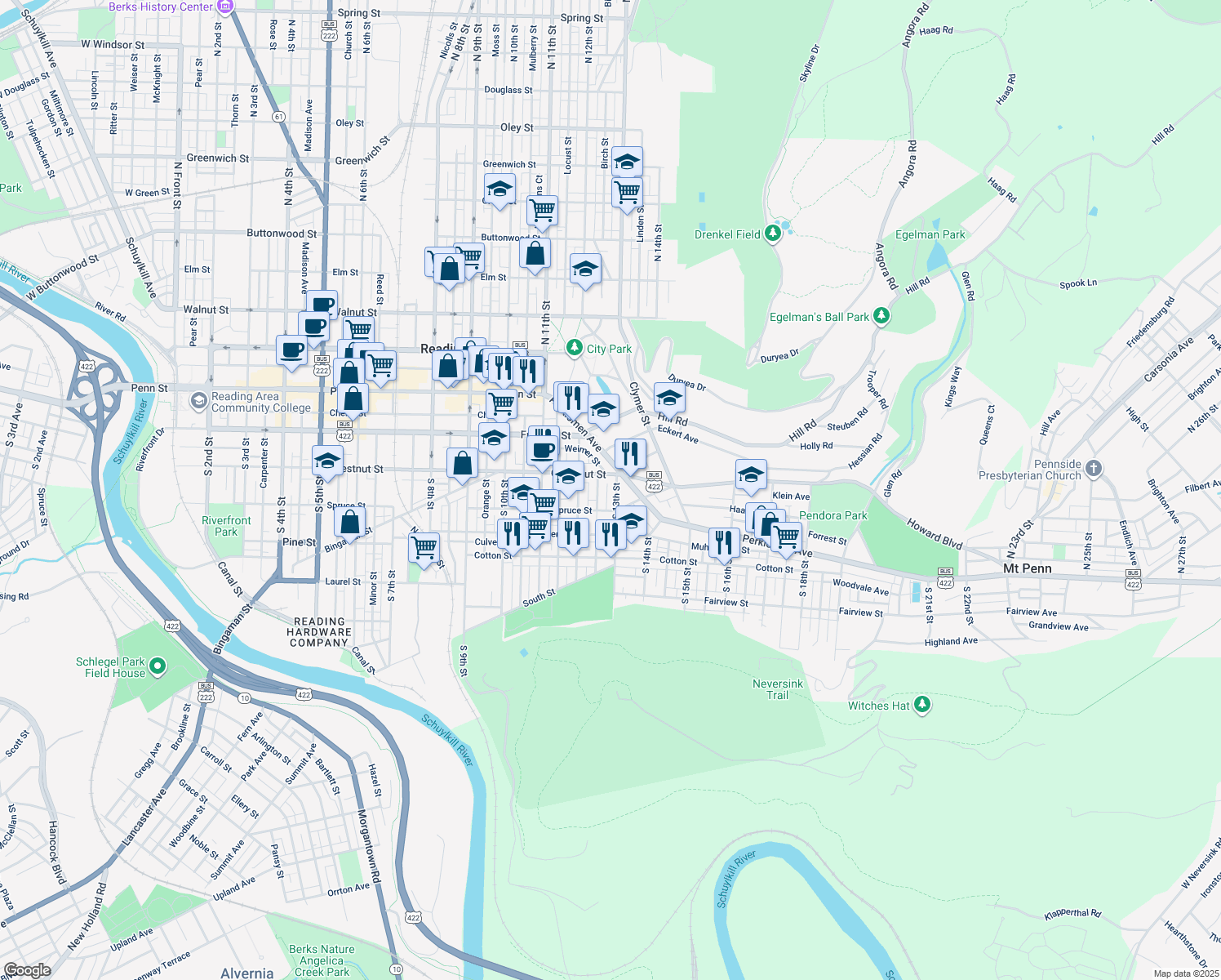 map of restaurants, bars, coffee shops, grocery stores, and more near 224 South 13th Street in Reading