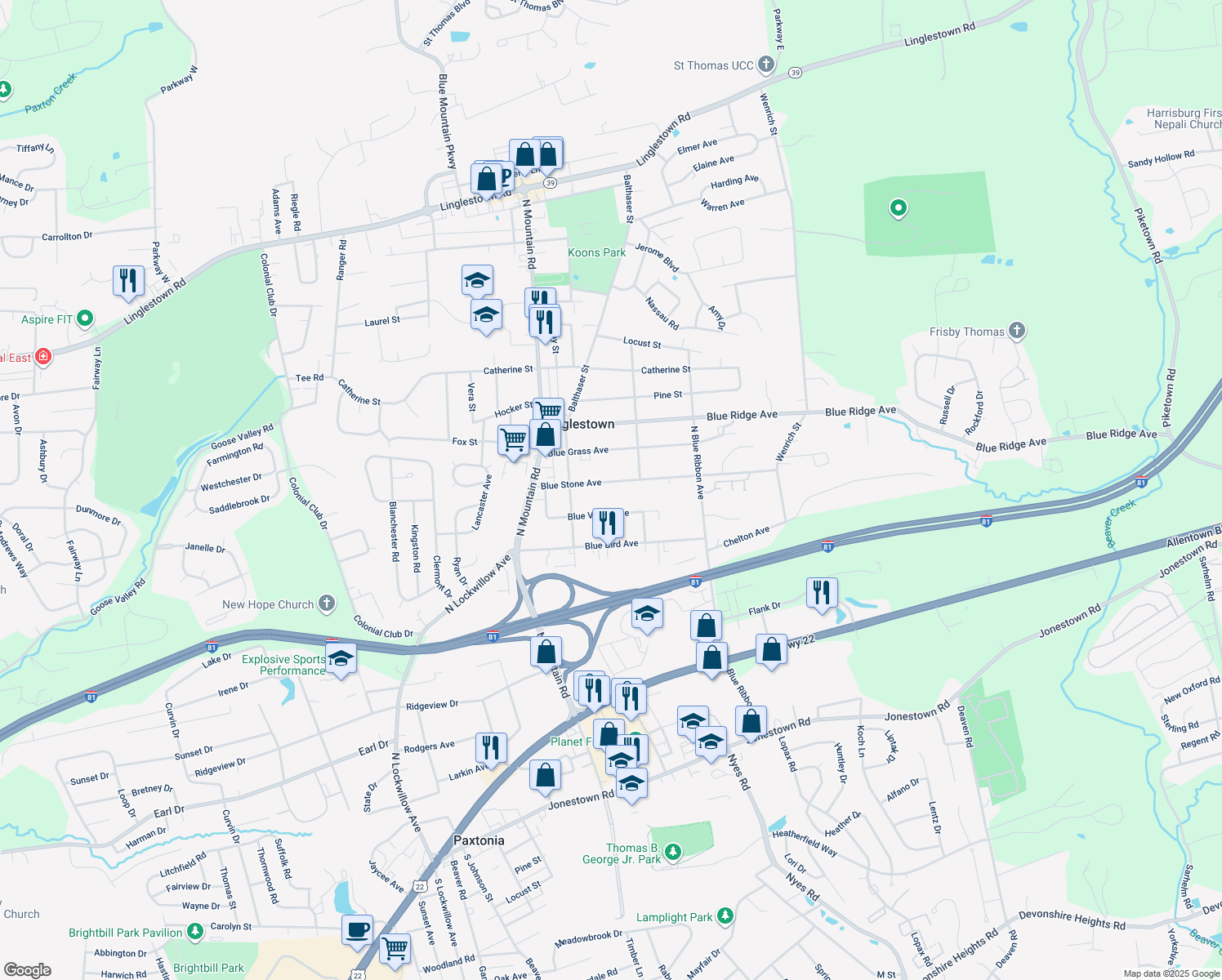 map of restaurants, bars, coffee shops, grocery stores, and more near 6117 Blue Stone Avenue in Harrisburg