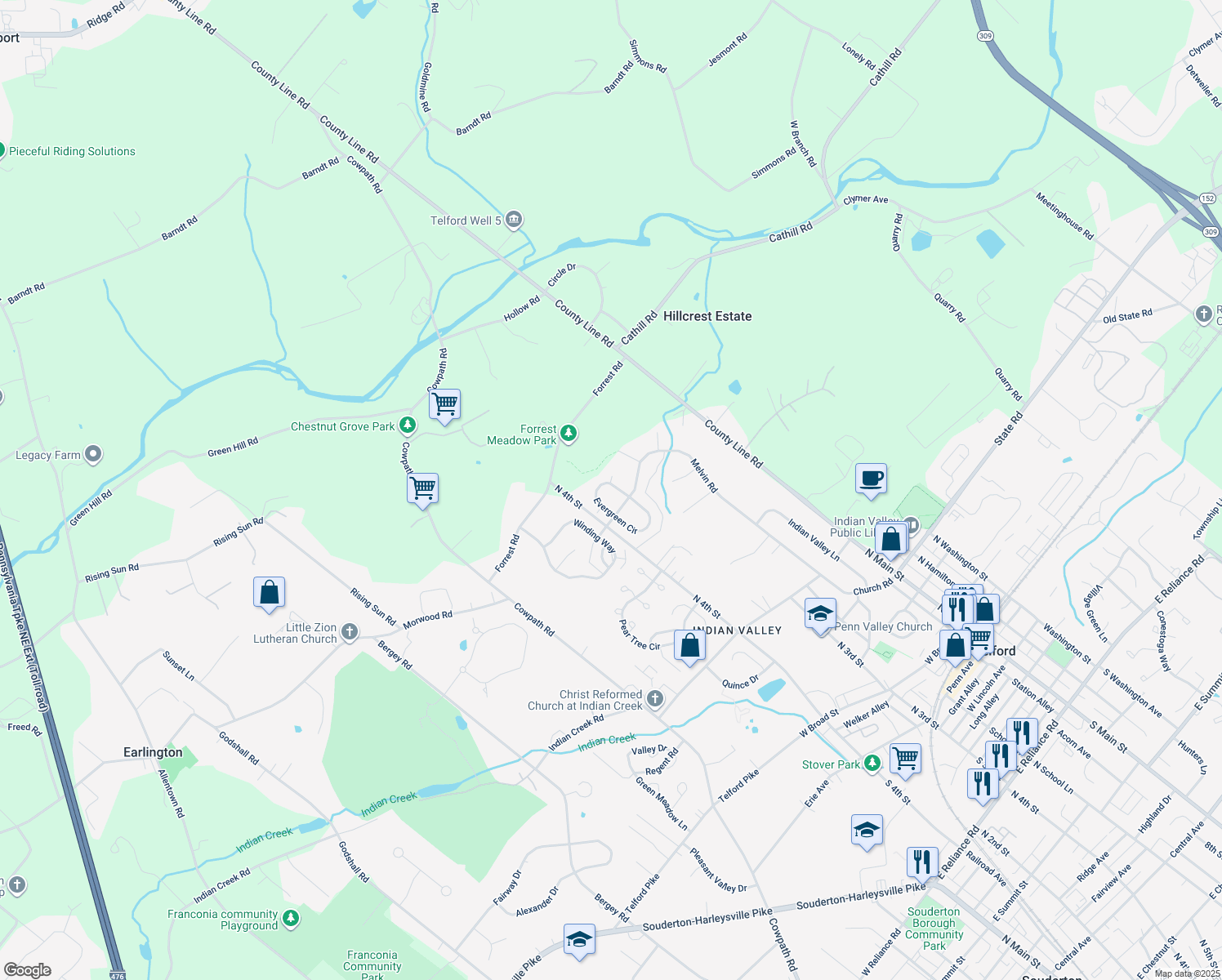 map of restaurants, bars, coffee shops, grocery stores, and more near 886 Evergreen Circle in Telford