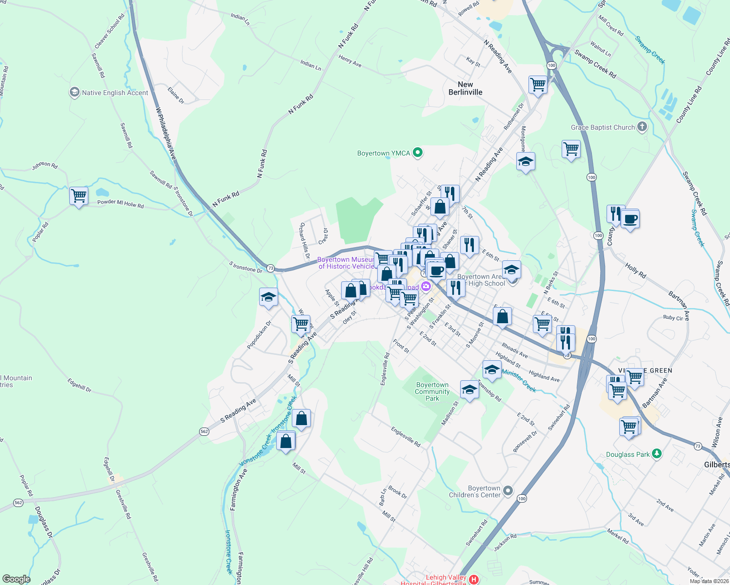 map of restaurants, bars, coffee shops, grocery stores, and more near 213 S Reading Ave in Boyertown