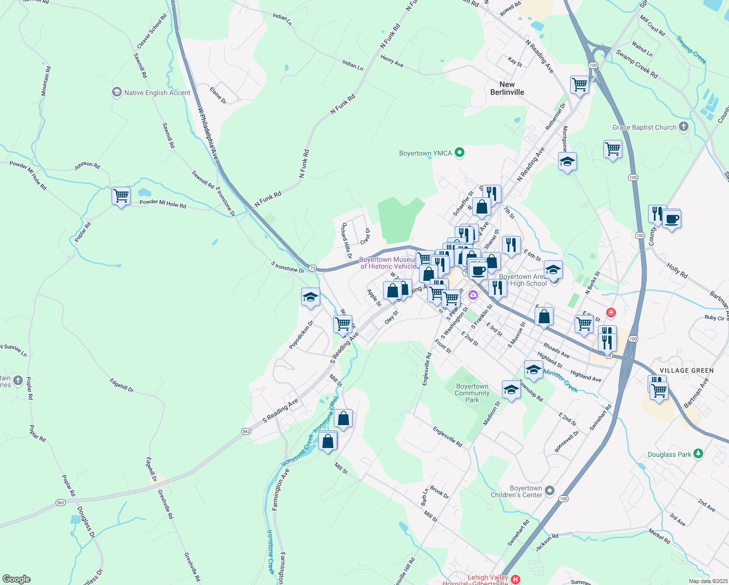 map of restaurants, bars, coffee shops, grocery stores, and more near 46 Apple Street in Boyertown