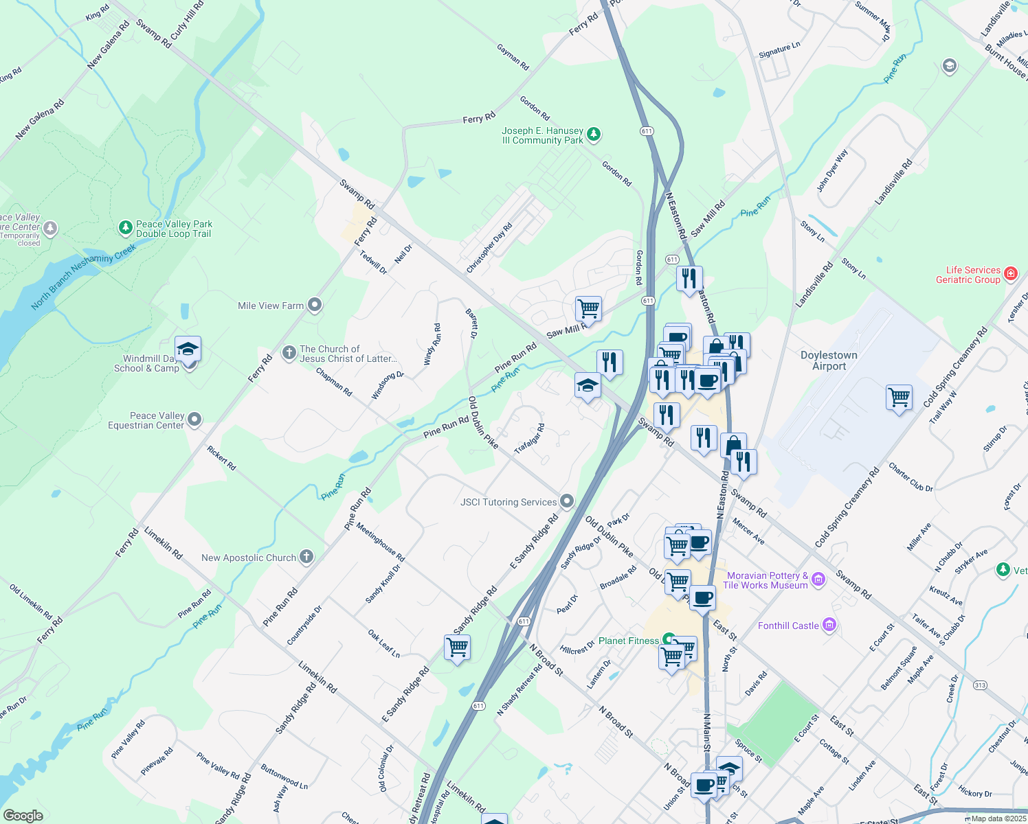 map of restaurants, bars, coffee shops, grocery stores, and more near 39 Trafalgar Rd in Doylestown
