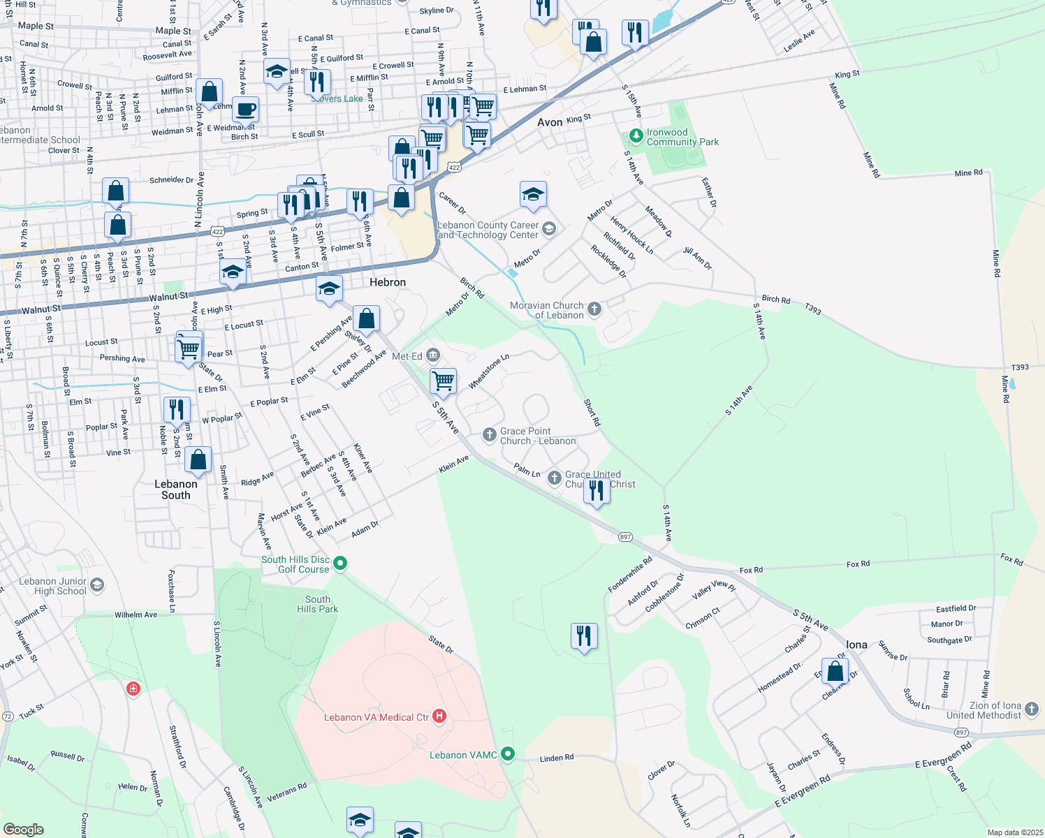 map of restaurants, bars, coffee shops, grocery stores, and more near 391 Acorn Circle in Lebanon