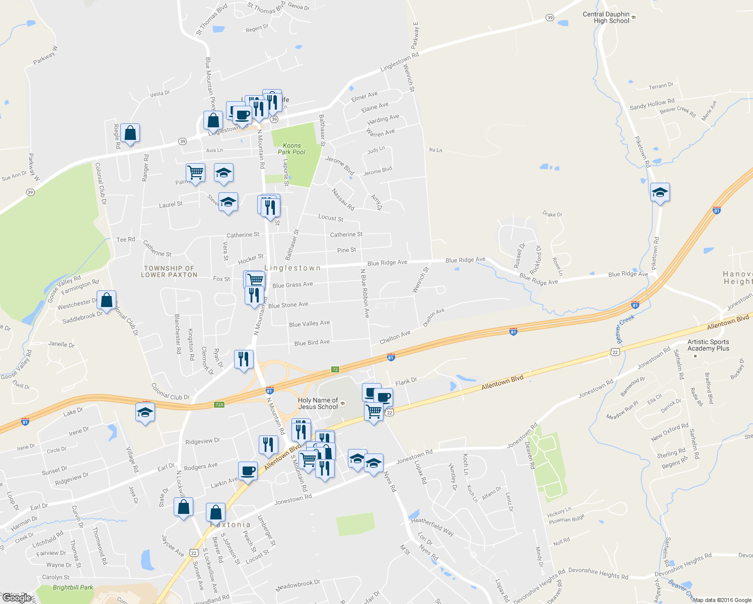 map of restaurants, bars, coffee shops, grocery stores, and more near 6318 Darlington Drive in Harrisburg