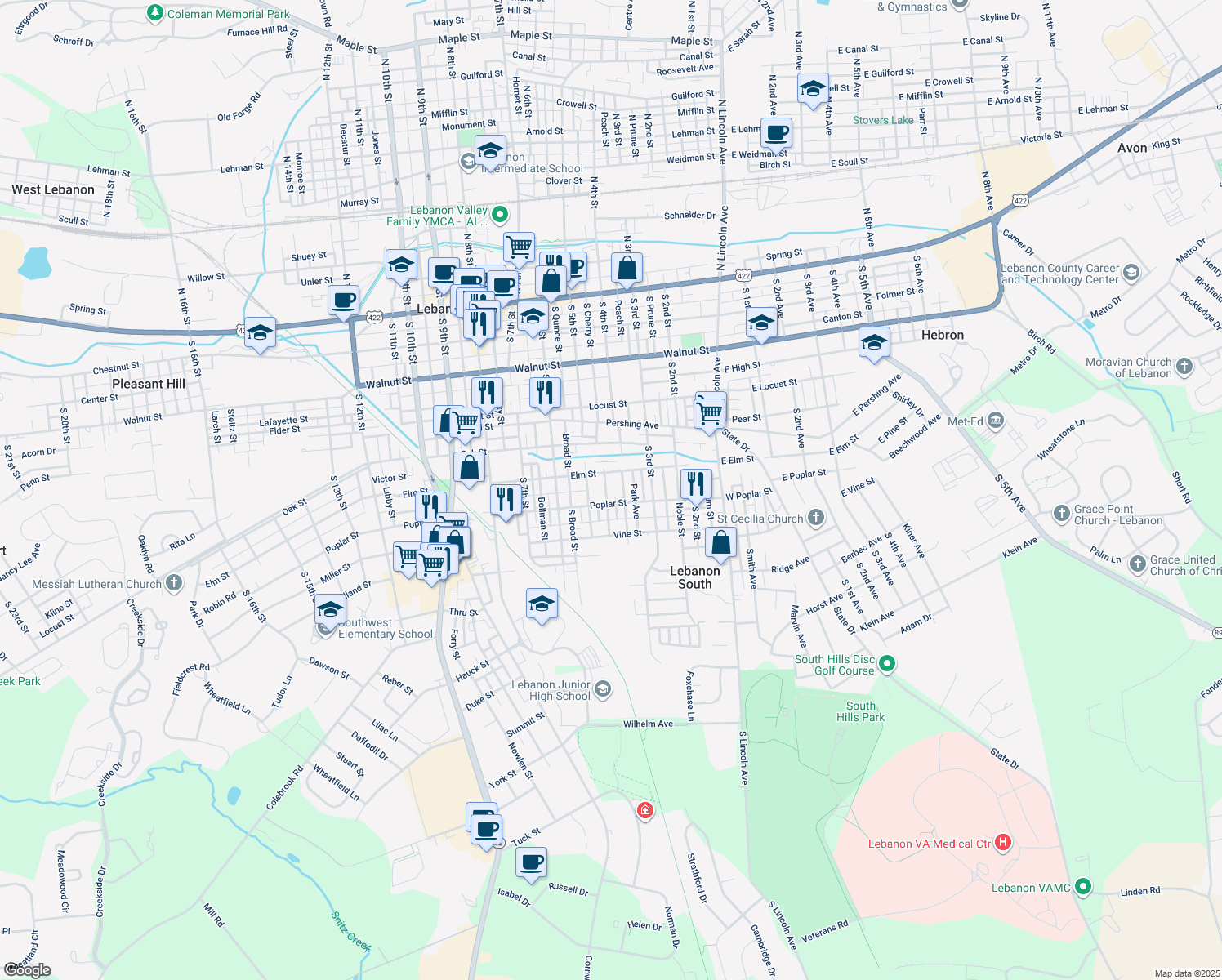 map of restaurants, bars, coffee shops, grocery stores, and more near 510 Worth St in Lebanon